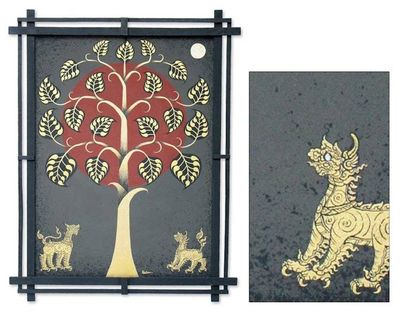 Primary image for Framed Folk Art Painting Legendary Lions