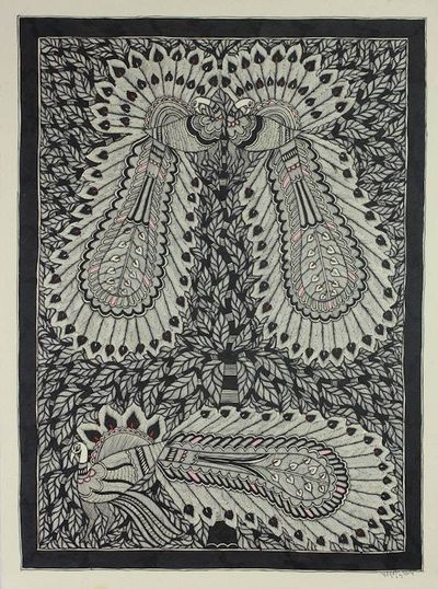 Alternate image for Peacock Theme Madhubani Painting from India Courtly Peacocks