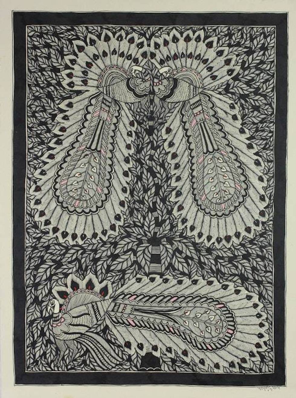 Peacock Theme Madhubani Painting from India 'Courtly Peacocks'