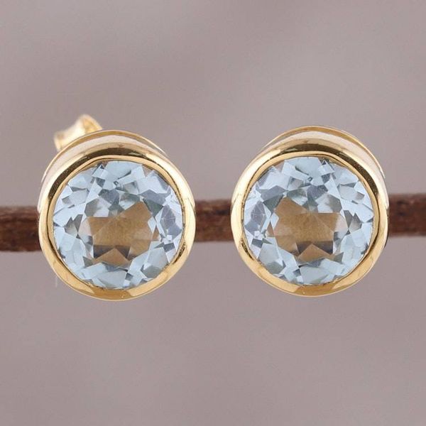 Alternate image for 22k Gold Plated Faceted Blue Topaz Stud Earrings from India Sparkling World