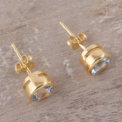 Alternate image for 22k Gold Plated Faceted Blue Topaz Stud Earrings from India Sparkling World
