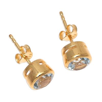 Alternate image for 22k Gold Plated Faceted Blue Topaz Stud Earrings from India Sparkling World
