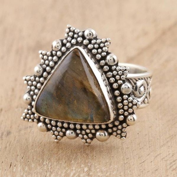 Alternate image for Handmade Sterling Silver and Labradorite Cocktail Ring Dotted Pyramid
