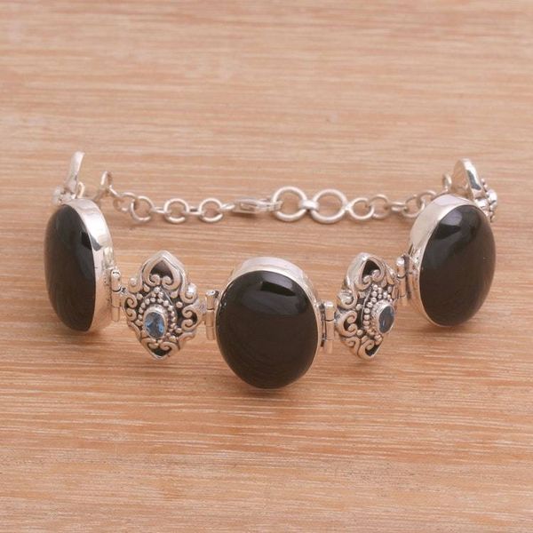 Alternate image for Onyx and Blue Topaz Sterling Silver Link Bracelet from Bali Enchanting Grace