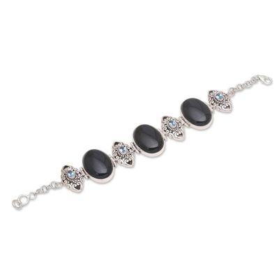Alternate image for Onyx and Blue Topaz Sterling Silver Link Bracelet from Bali Enchanting Grace
