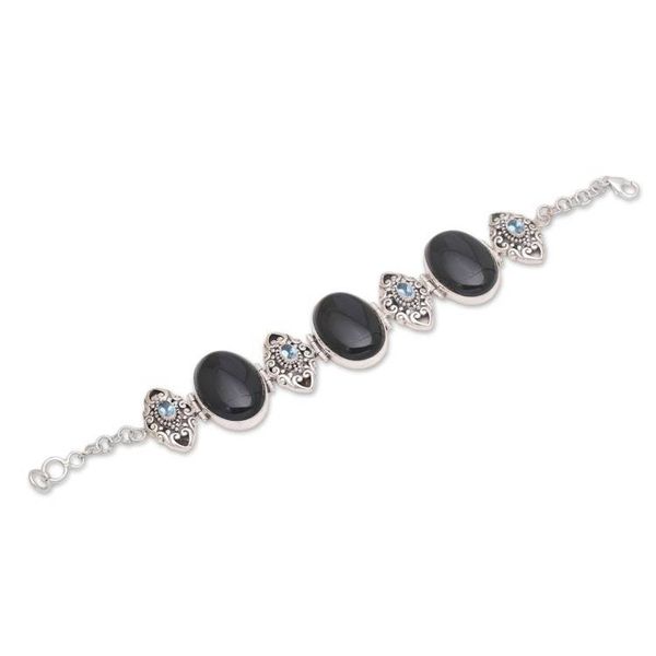 Alternate image for Onyx and Blue Topaz Sterling Silver Link Bracelet from Bali Enchanting Grace