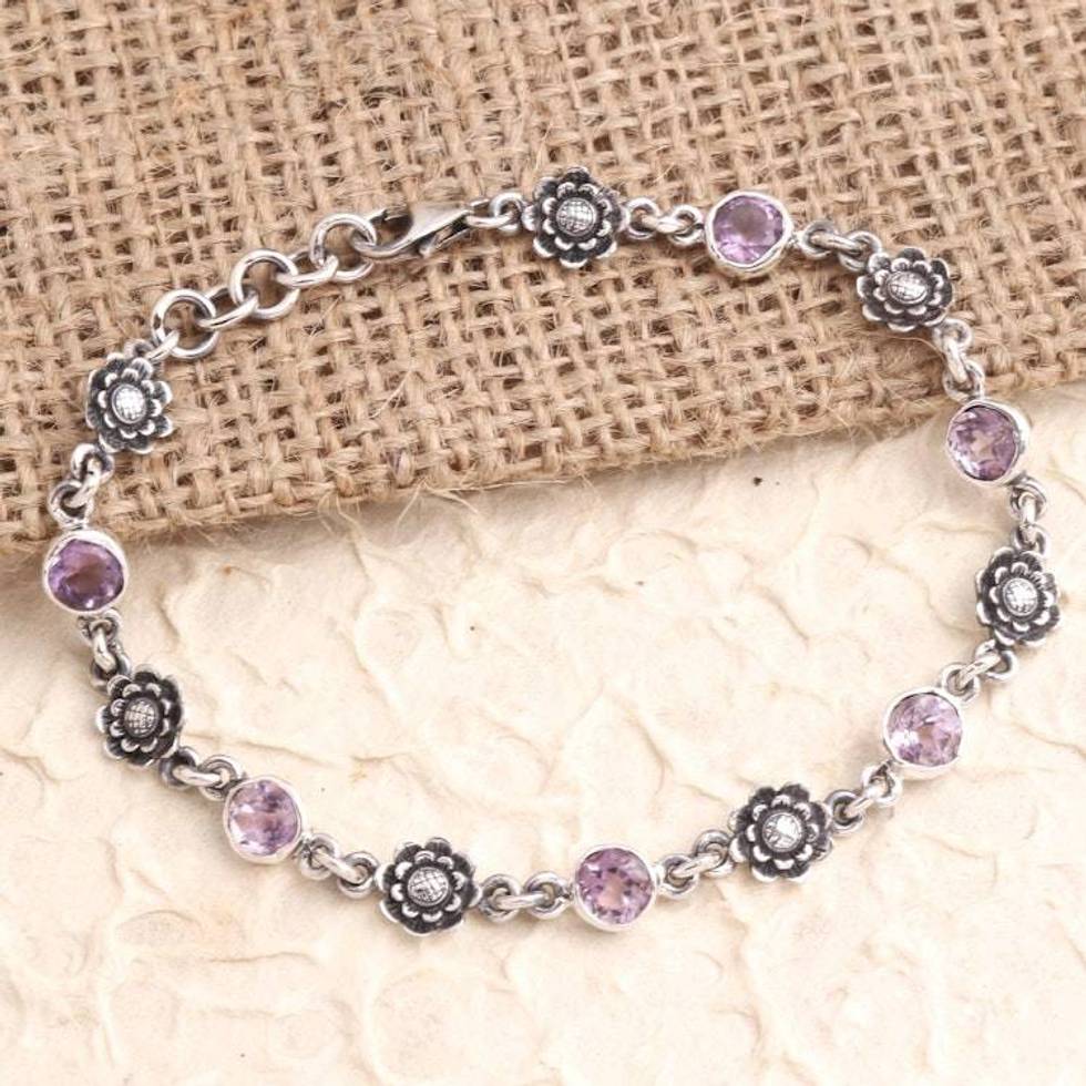 Hand Crafted Amethyst and Sterling Silver Link Bracelet 'Sunflower Line'