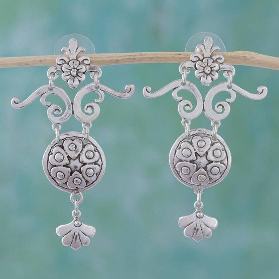 Romantic Sterling Silver Dangle Earrings 'Hearts and Flowers'