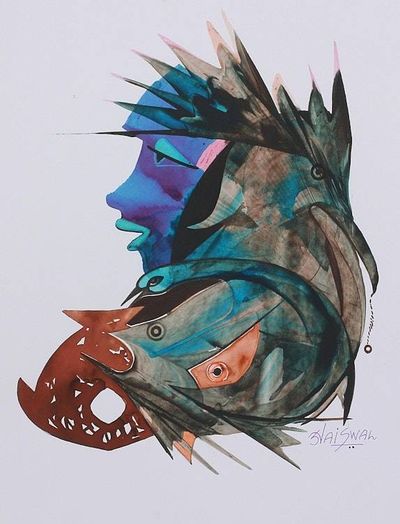 Primary image for Multicolored Signed Cubist Painting from India Union