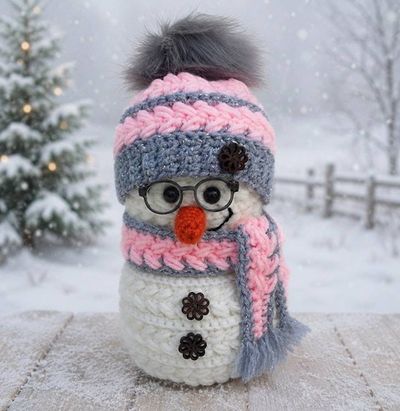 Primary image for Cool Crochet Snowman in Pink and Gray
