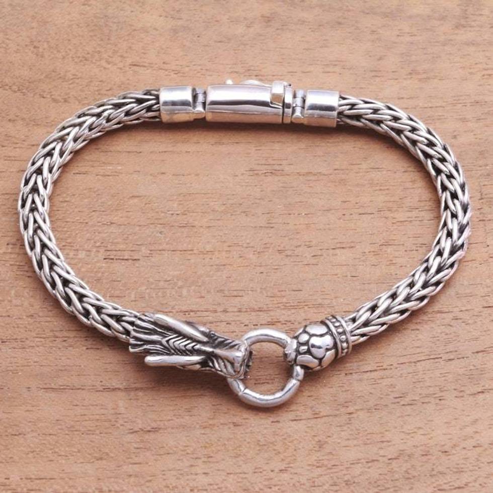 Dragon-Themed Sterling Silver Pendant Bracelet from Bali 'Dragon Grasp'