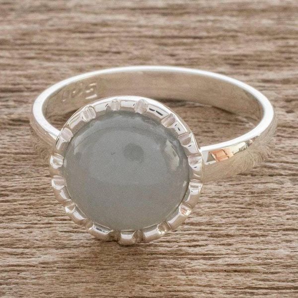 Alternate image for Sterling Silver Ring with a Pale Ice Green Jade Circle Ice Green Moon