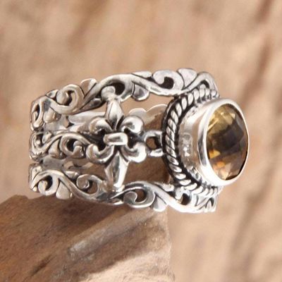 Primary image for Unique Indonesian Citrine and Silver Cocktail Ring Golden Fleur de Lis