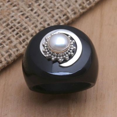 Primary image for Black Resin and Cultured Pearl Signet Ring French Kiss