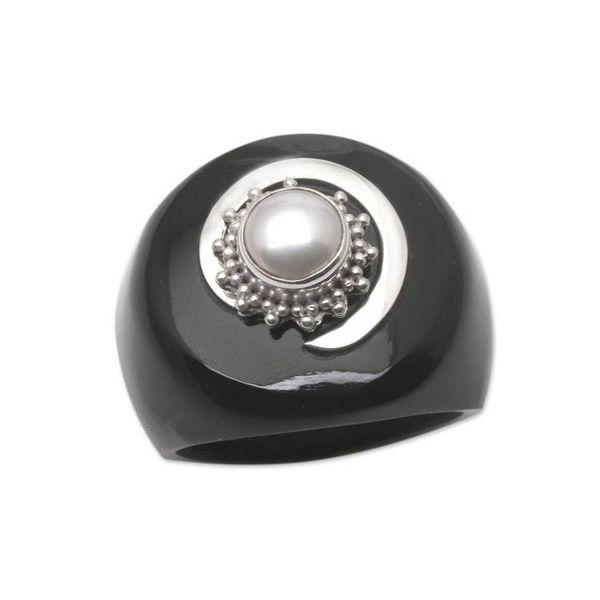 Alternate image for Black Resin and Cultured Pearl Signet Ring French Kiss