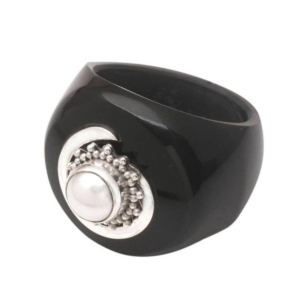 Alternate image for Black Resin and Cultured Pearl Signet Ring French Kiss