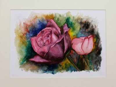 Alternate image for Flower Portrait Original Signed Watercolor Painting Romantic Roses
