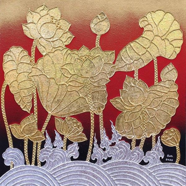 Alternate image for Acrylic and Metallic Foil on Canvas Painting Lotus Wave