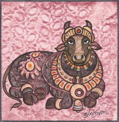 Primary image for Bull-Themed Indian Acrylic Painting on Canvas Nandi