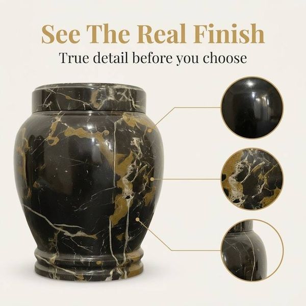 Alternate image for Black and Gold Marble Urn for Child or Pet Ashes – Handcrafted Natural Stone Memorial Urn