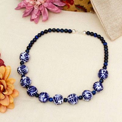 Primary image for Hand-Painted Cobalt Ceramic and Tigers Eye Beaded Necklace Cobalt Delight