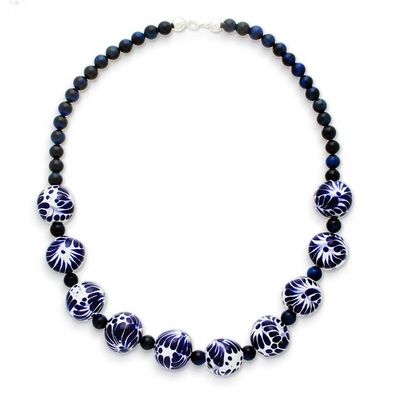 Alternate image for Hand-Painted Cobalt Ceramic and Tigers Eye Beaded Necklace Cobalt Delight
