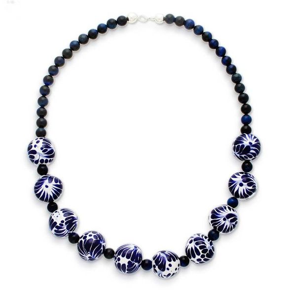Alternate image for Hand-Painted Cobalt Ceramic and Tigers Eye Beaded Necklace Cobalt Delight