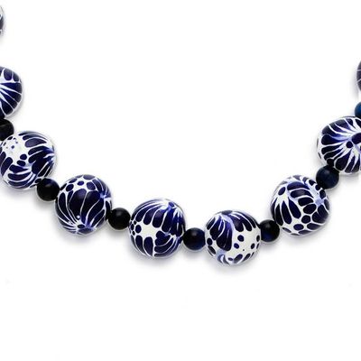 Alternate image for Hand-Painted Cobalt Ceramic and Tigers Eye Beaded Necklace Cobalt Delight