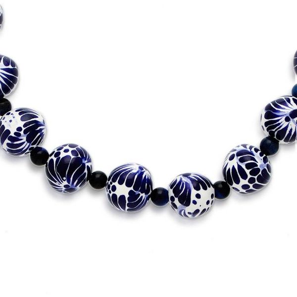 Alternate image for Hand-Painted Cobalt Ceramic and Tigers Eye Beaded Necklace Cobalt Delight
