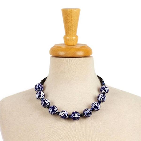 Alternate image for Hand-Painted Cobalt Ceramic and Tigers Eye Beaded Necklace Cobalt Delight
