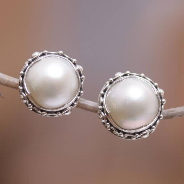 Alternate image for Balinese Sterling Silver Button Earrings with Grey Pearls Grey Pearl Trophy