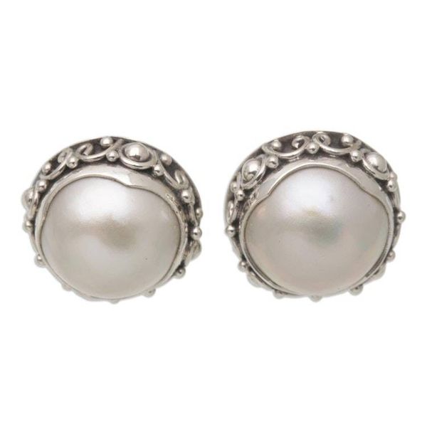 Alternate image for Balinese Sterling Silver Button Earrings with Grey Pearls Grey Pearl Trophy