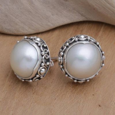 Alternate image for Balinese Sterling Silver Button Earrings with Grey Pearls Grey Pearl Trophy
