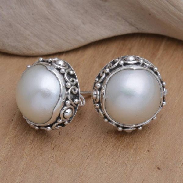Alternate image for Balinese Sterling Silver Button Earrings with Grey Pearls Grey Pearl Trophy