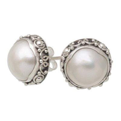 Alternate image for Balinese Sterling Silver Button Earrings with Grey Pearls Grey Pearl Trophy