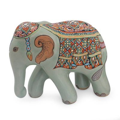 Alternate image for Hand Painted Thai Celadon Ceramic Elephant Statuette Small Kings Royal Elephant