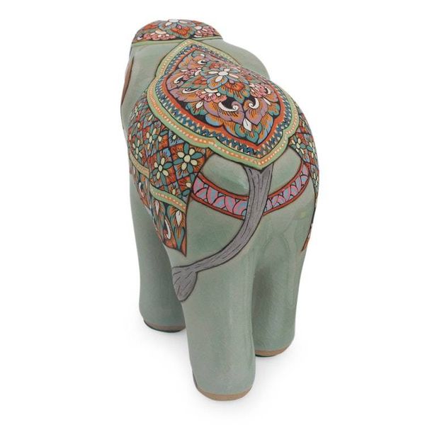 Alternate image for Hand Painted Thai Celadon Ceramic Elephant Statuette Small Kings Royal Elephant