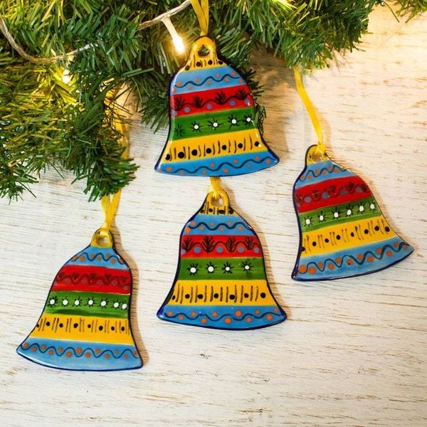 Alternate image for Colorful Talavera-Style Ceramic Ornaments Set of 4 Bell Festivity