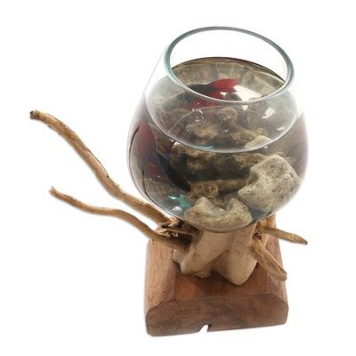 Alternate image for Hand Carved Wood and Molten Glass Sculpture Fish Bubbles