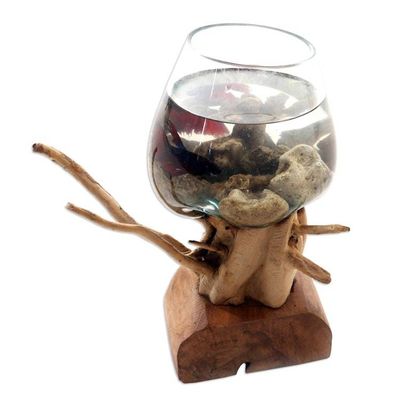 Alternate image for Hand Carved Wood and Molten Glass Sculpture Fish Bubbles