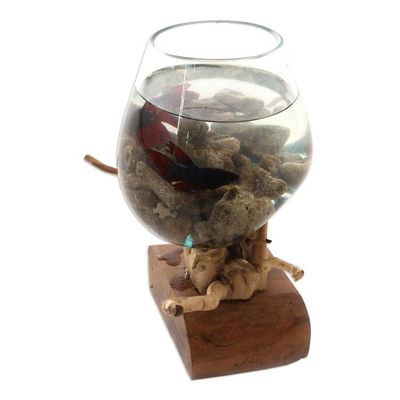 Alternate image for Hand Carved Wood and Molten Glass Sculpture Fish Bubbles