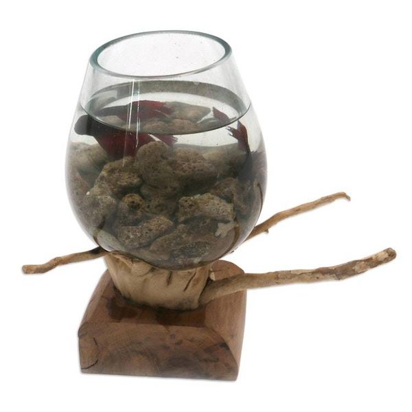 Alternate image for Hand Carved Wood and Molten Glass Sculpture Fish Bubbles