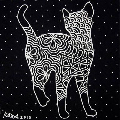Alternate image for Signed Stretched Acrylic Painting of Cat in Black and White Lets Be Friends