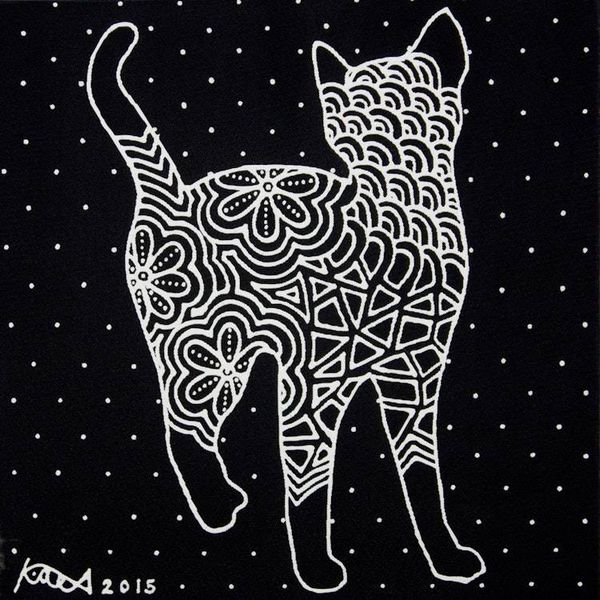 Image for Signed Stretched Acrylic Painting of Cat in Black and White Lets Be Friends