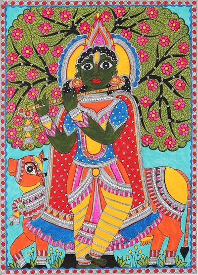 Primary image for Signed Madhubani Painting of Lord Krishna from India Krishna with Cow