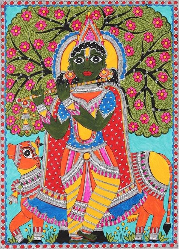 Alternate image for Signed Madhubani Painting of Lord Krishna from India Krishna with Cow