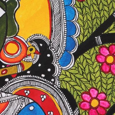 Alternate image for Signed Madhubani Painting of Lord Krishna from India Krishna with Cow