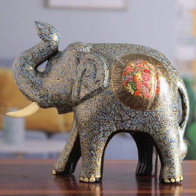 Primary image for Floral Blue Papier Mache Elephant Sculpture from India Triumphant Elephant
