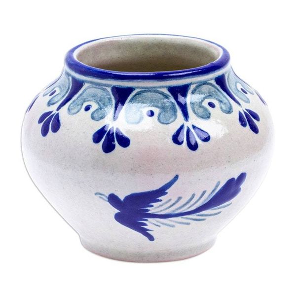 Alternate image for Hand-Painted Talavera-Style Ceramic Dove Planter in Blue Puebla Doves