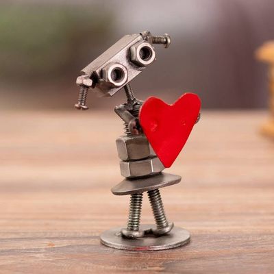 Alternate image for Recycled Metal Figurine of Female Robot Holding a Red Heart Robotic Passion